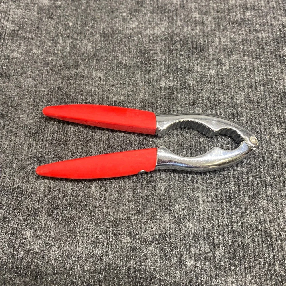 Heavy Duty Metal Nutcracker Seafood Cracker with Red Comfort Grip Handles Silver